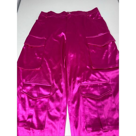 Boutique Brand Hot Pink Satin Cargo Pants Wide Leg Statement Trousers Sz XL - Picture 7 of 15
